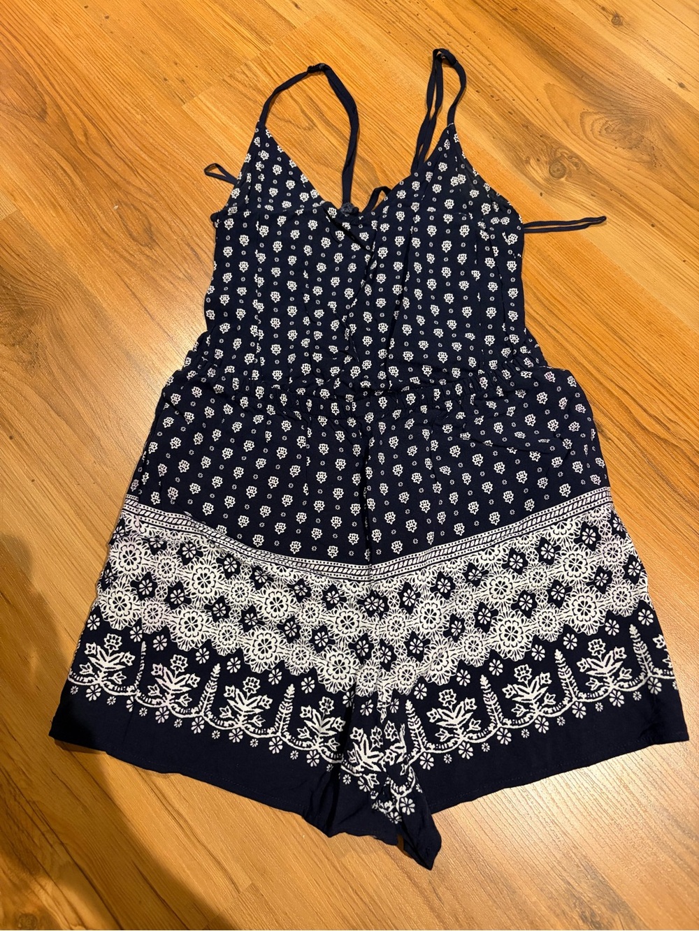 Garage Navy Floral Print Romper with White Border